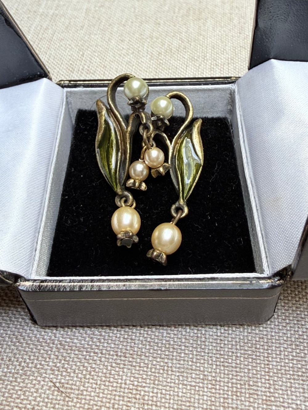Lily of the Valley Art Nouveau Pearl Flower Wedding Earrings In Original Box